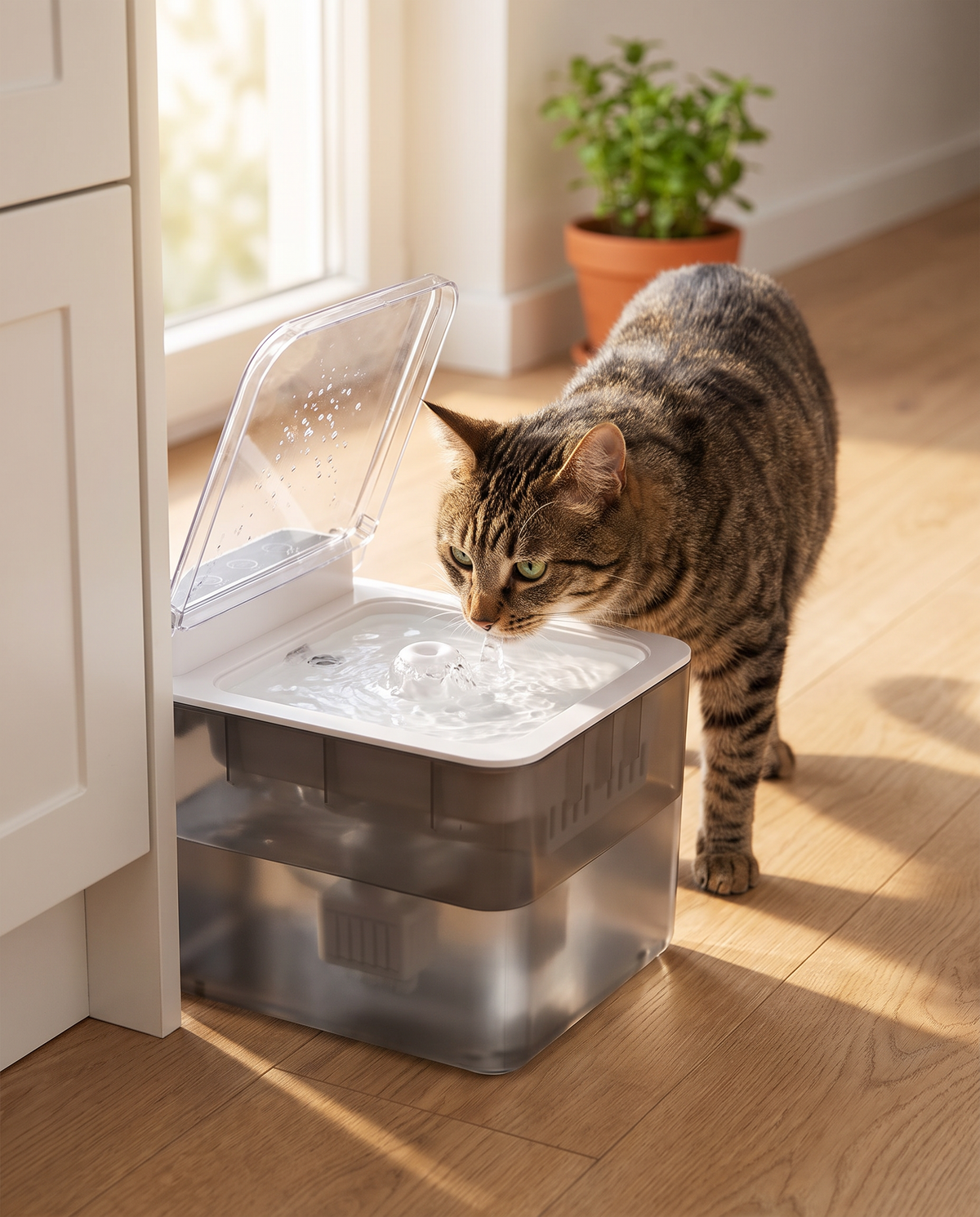 Tabby cat drinking from the Hushpaw fountain
