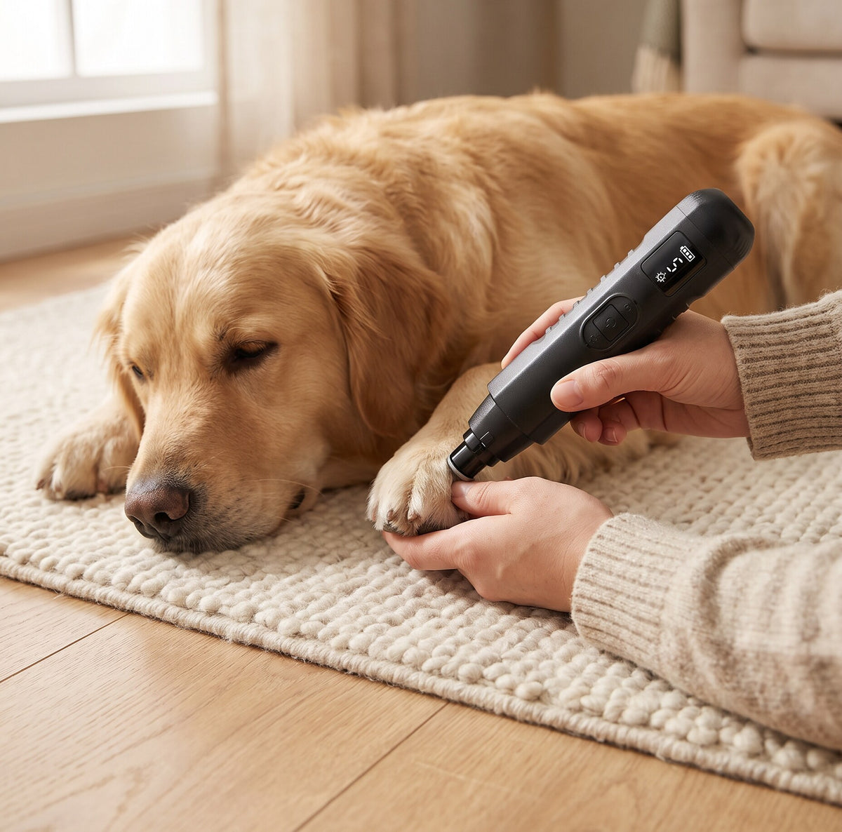 Smoothing a relaxed golden retriever's nails with the Hushpaw Quiet Grinder