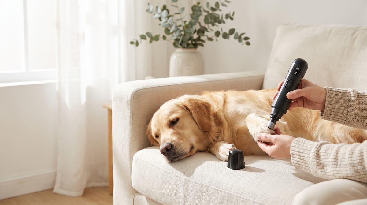Calm golden retriever getting nails smoothed on the sofa