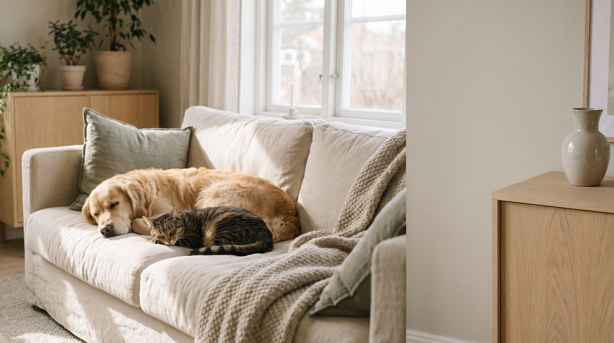 Dog and cat napping together on a sofa