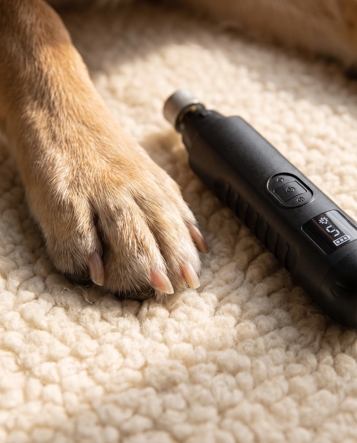 Freshly smoothed dog nails next to the Quiet Grinder